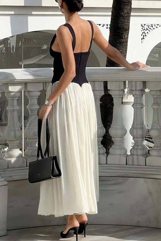 Flowing Elegant V-neck Chiffon Pleated Hem Two-tone Maxi Dress