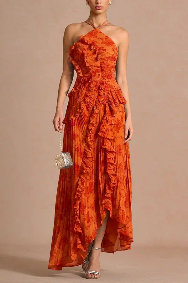 Dream Ode Lily Pad Style Pleats and Ruffles Halter Gown Maxi Dress