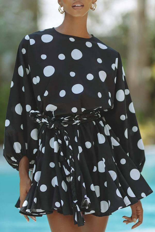 Breezy Chic Polka Dot Balloon Sleeve Tie-up Pleated Loose Mini Dress