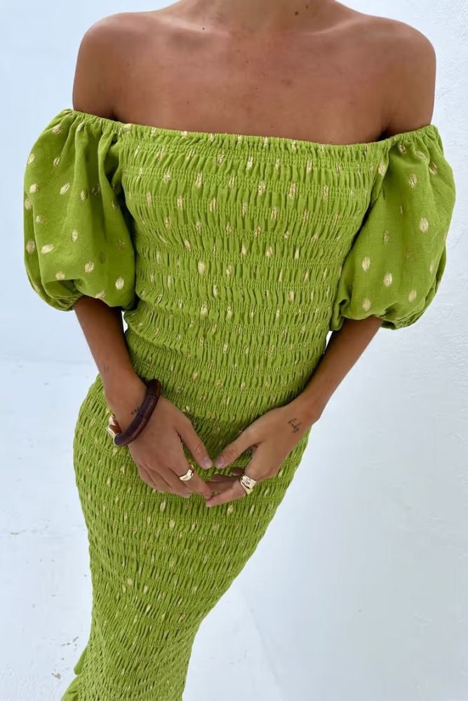 Jojo Smocked Golden Polka Dots Off Shoulder Puff Sleeve Stretch Midi Dress