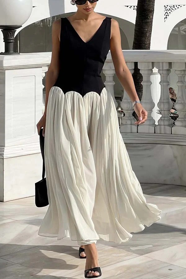 Flowing Elegant V-neck Chiffon Pleated Hem Two-tone Maxi Dress