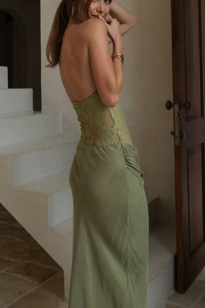 Halter Neck Hollow Slim Low Waist Pleated Maxi Dress