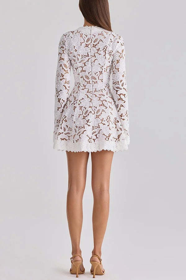 Bianca Lace Floral Pattern Lace Trim Tie-up V-neck Long Sleeve Mini Dress