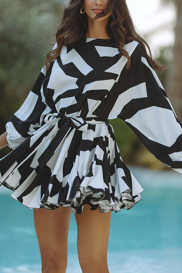 Breezy Chic Polka Dot Balloon Sleeve Tie-up Pleated Loose Mini Dress