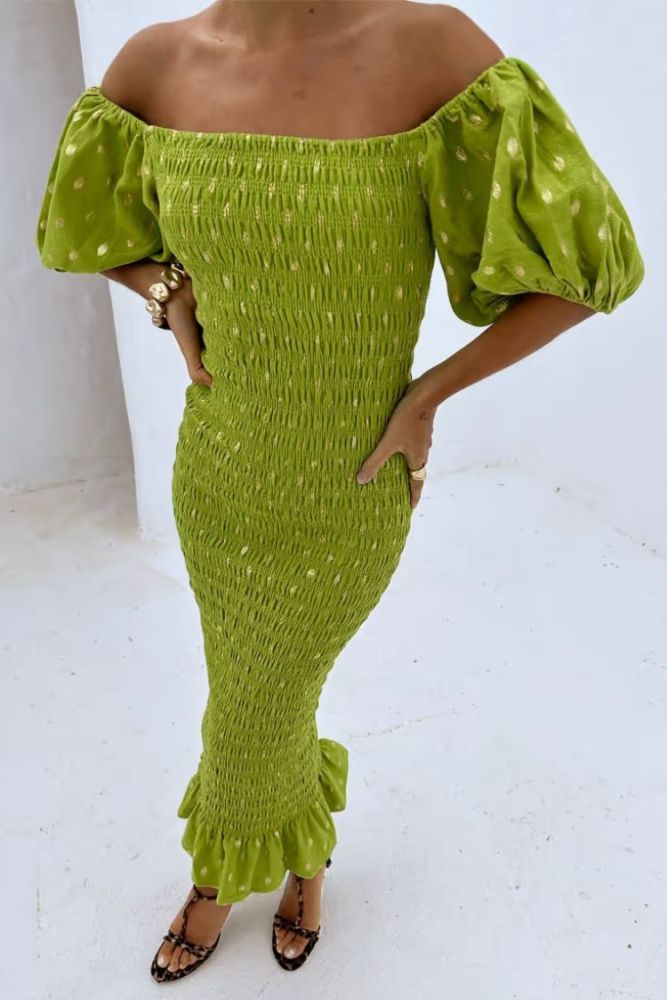 Jojo Smocked Golden Polka Dots Off Shoulder Puff Sleeve Stretch Midi Dress