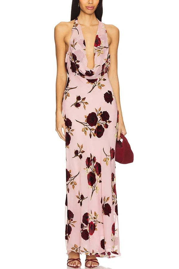Rose Secret Printed Cowl Neck Halter Backless Maxi Dress