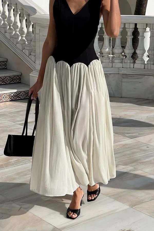 Flowing Elegant V-neck Chiffon Pleated Hem Two-tone Maxi Dress