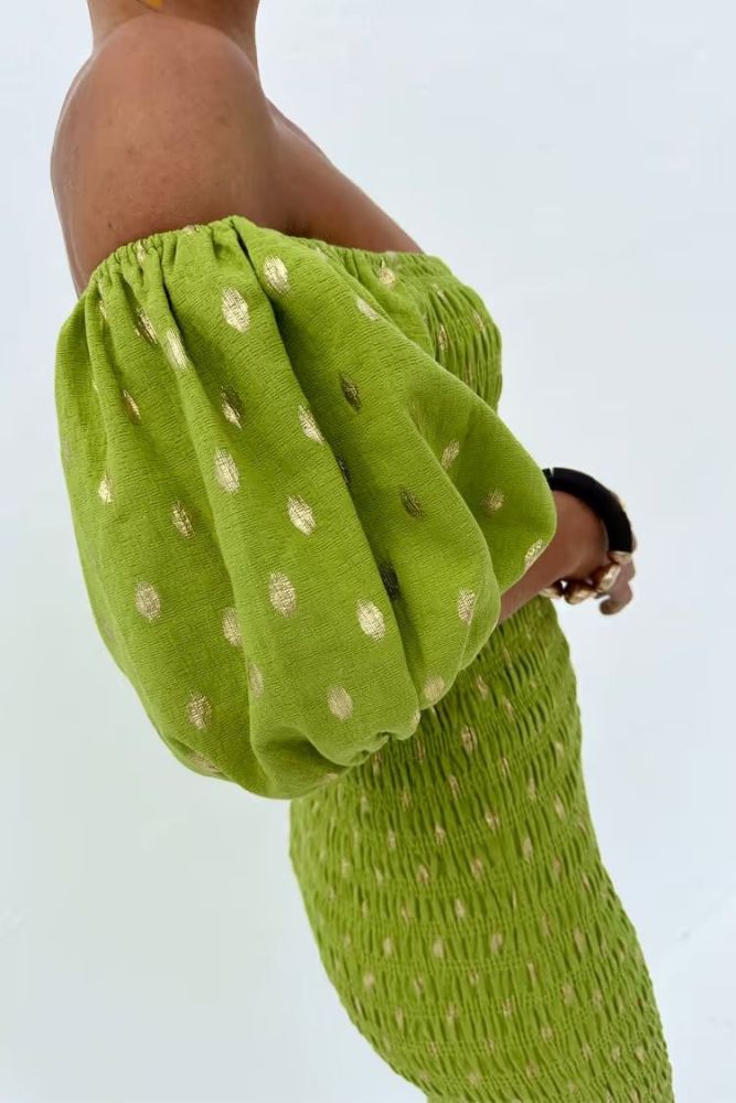 Jojo Smocked Golden Polka Dots Off Shoulder Puff Sleeve Stretch Midi Dress
