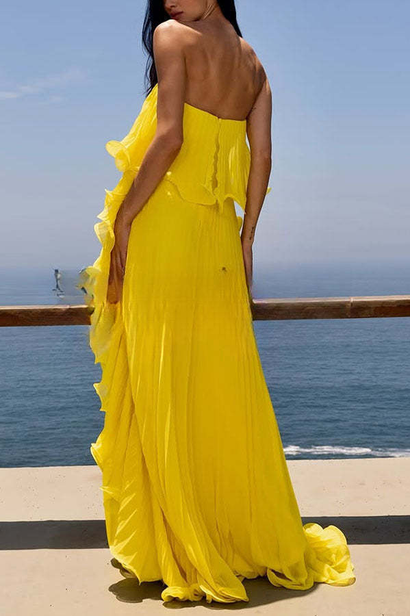 Reina Chiffon Pleated Wavy Ruffles Trim Strapless Loose Maxi Dress