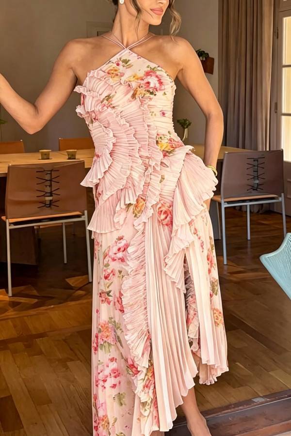 Dream Ode Lily Pad Style Pleats and Ruffles Halter Gown Maxi Dress