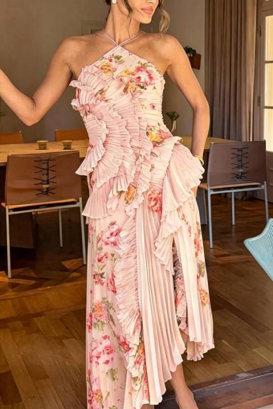 Dream Ode Lily Pad Style Pleats and Ruffles Halter Gown Maxi Dress