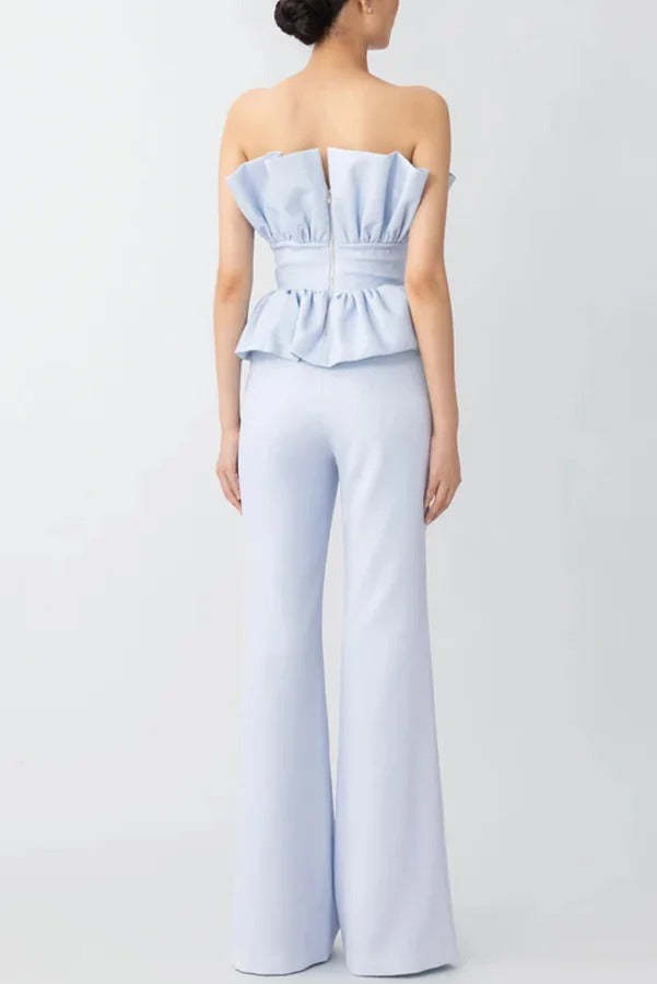 Every Occasion Crepe Panel Ruffles Strapless Top and High Rise Pocketed Flare Pants Set