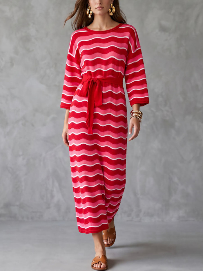 High Waisted Loose Contrast Color Tied Waist Wave Print Round-Neck Midi Dresses