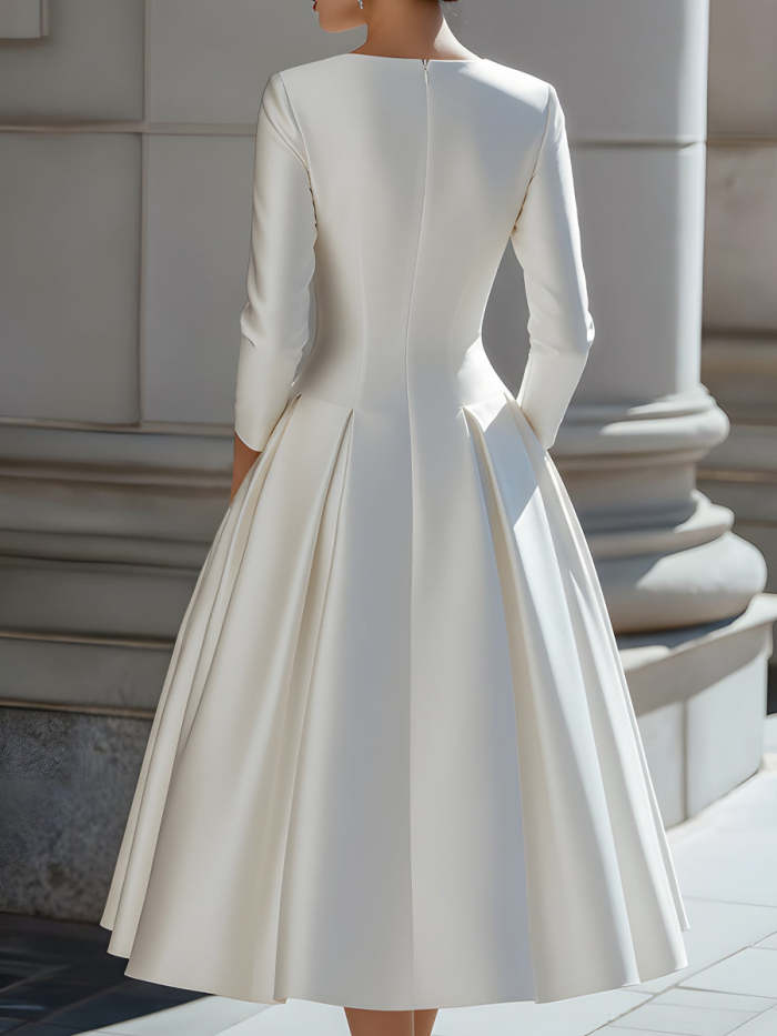 Elegant Satin V-Neck Pleated A-Line Midi Dress