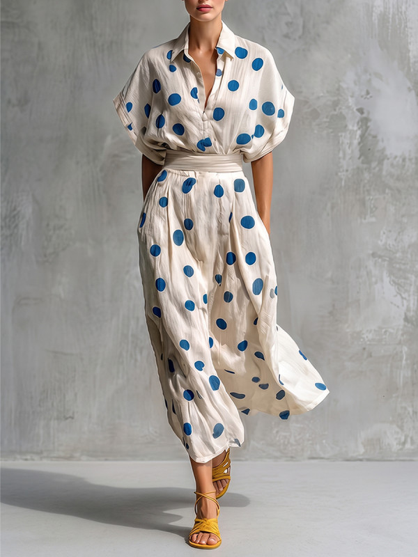 Batwing Sleeves High Waisted Contrast Color Pockets Polka-Dot Ruched Lapel Midi Dresses
