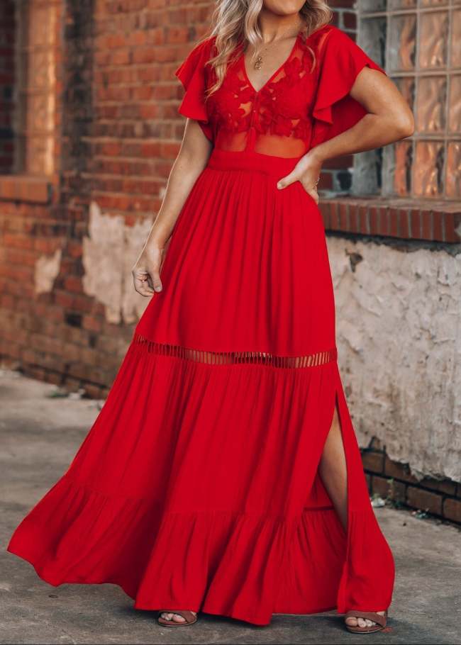Skylar Embroidered Maxi Dress (Red)