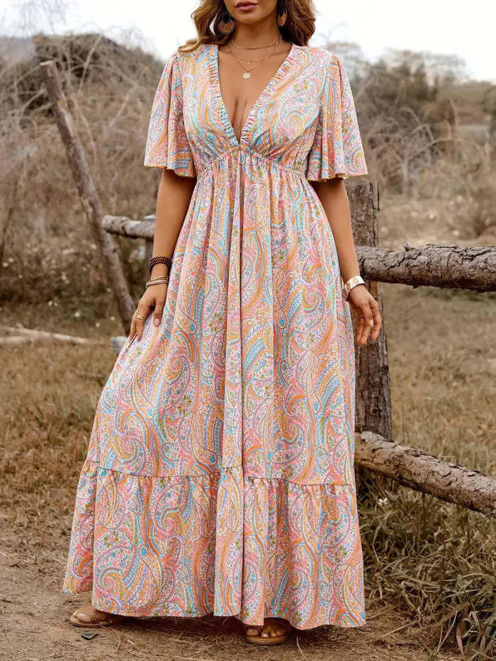 Boho Paisley Print V-Neck Waisted Maxi Dress
