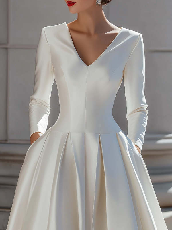 Elegant Satin V-Neck Pleated A-Line Midi Dress