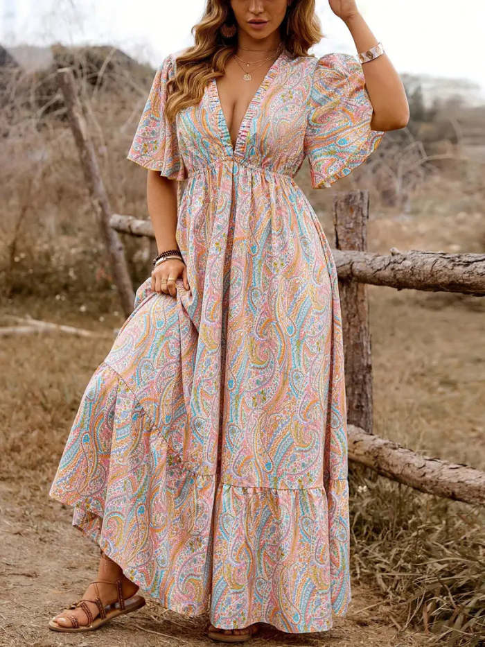 Boho Paisley Print V-Neck Waisted Maxi Dress