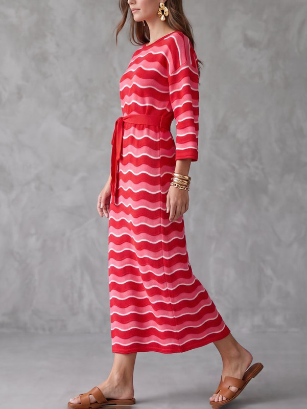 High Waisted Loose Contrast Color Tied Waist Wave Print Round-Neck Midi Dresses