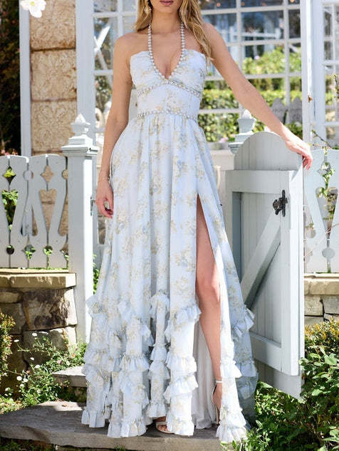Floral Faux Pearl Frill Split Maxi Dress