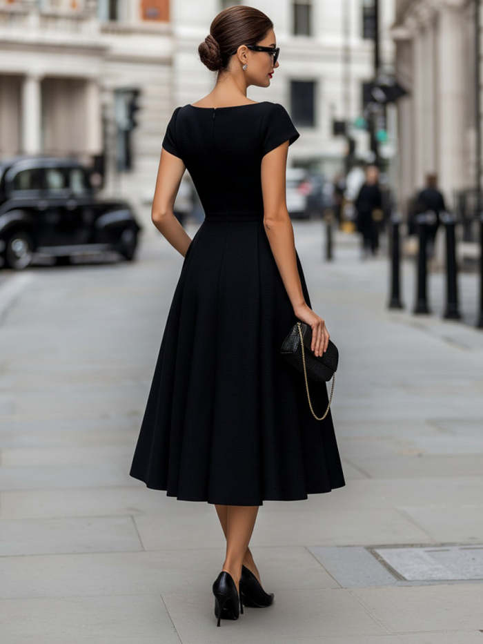V-Neck Cap Sleeve A-Line Midi Dress