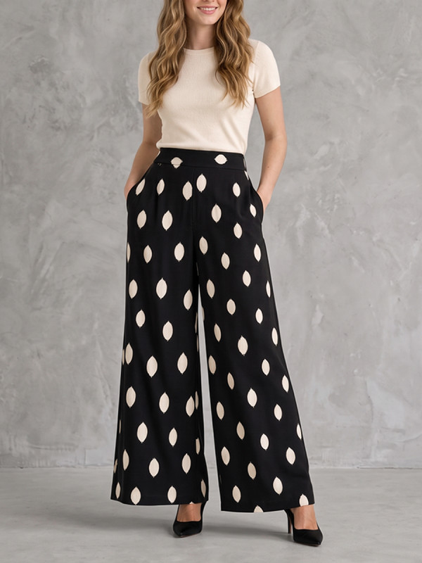 High Waisted Loose Contrast Color Pockets Printed Pants Trousers