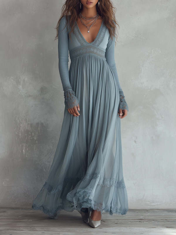 Bohemian Holiday Knitted Chiffon Pleated Lace Splicing Maxi Dress