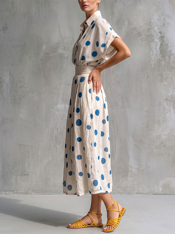 Batwing Sleeves High Waisted Contrast Color Pockets Polka-Dot Ruched Lapel Midi Dresses
