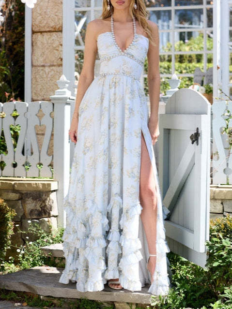 Floral Faux Pearl Frill Split Maxi Dress