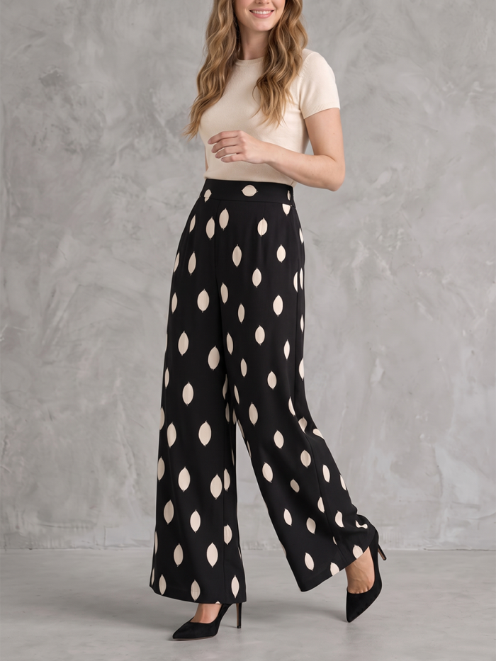 High Waisted Loose Contrast Color Pockets Printed Pants Trousers
