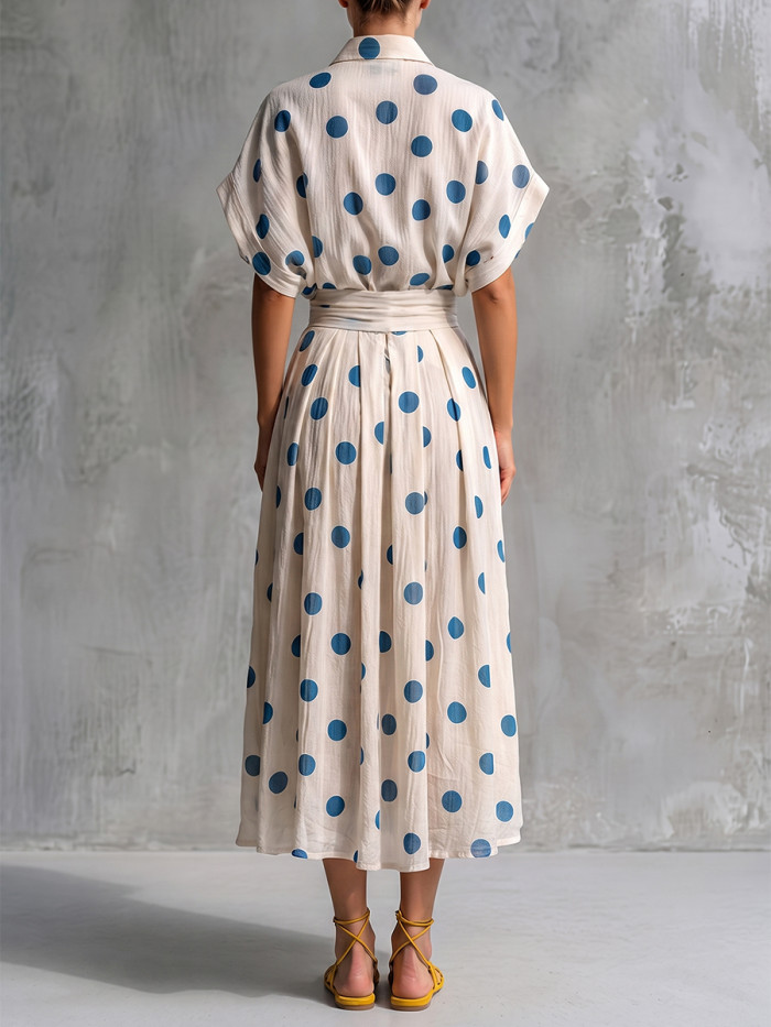 Batwing Sleeves High Waisted Contrast Color Pockets Polka-Dot Ruched Lapel Midi Dresses