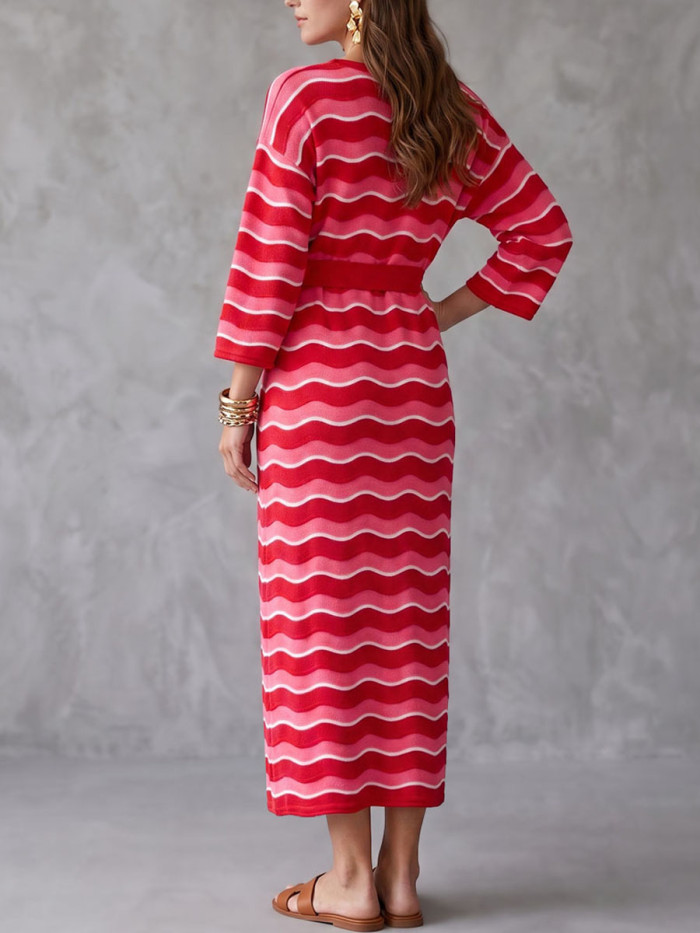 High Waisted Loose Contrast Color Tied Waist Wave Print Round-Neck Midi Dresses