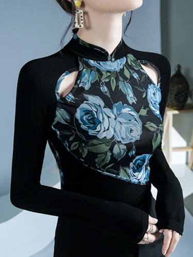Split-Joint Hollow Flower Print Buttoned Skinny Long Sleeves Round-Neck T-Shirts Tops