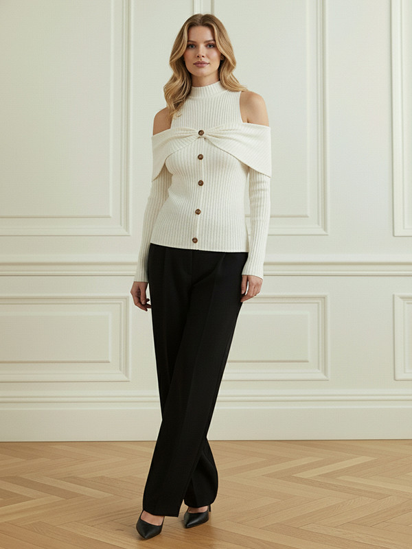 Long Sleeves Skinny Buttoned Pleated Ribbed Knit Cold Shoulder Knit Top