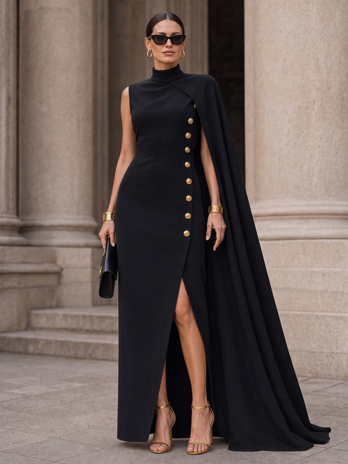 Cape Sleeveless Buttoned Solid Color Split-front Zipper Mock Neck Maxi Dresses