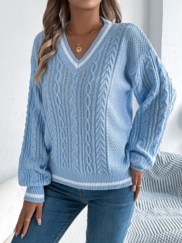 Split-Joint Contrast Color Cable Knit Puff Sleeves Long Sleeves V-Neck Sweater Tops Knit Top