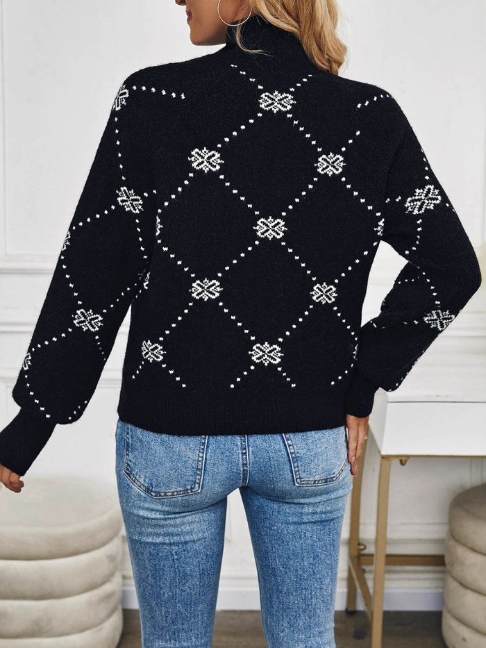 Split-Joint Geometric Flower Print Contrast Color Puff Sleeves Loose Half Turtleneck Sweater Tops