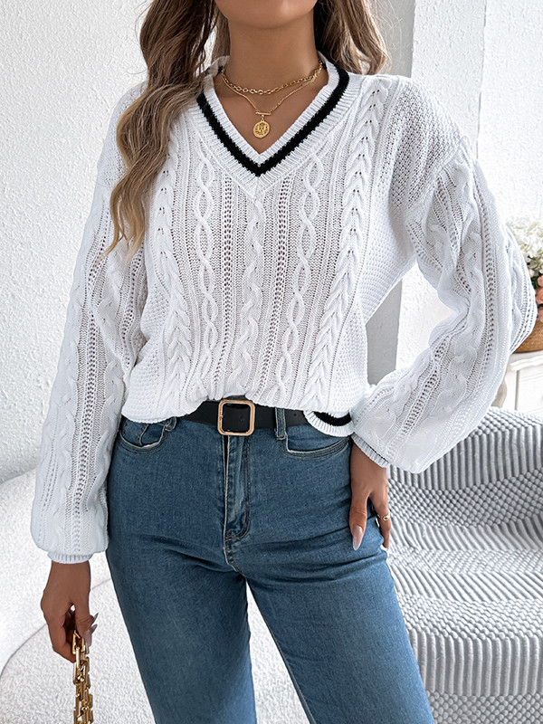 Split-Joint Contrast Color Cable Knit Puff Sleeves Long Sleeves V-Neck Sweater Tops Knit Top