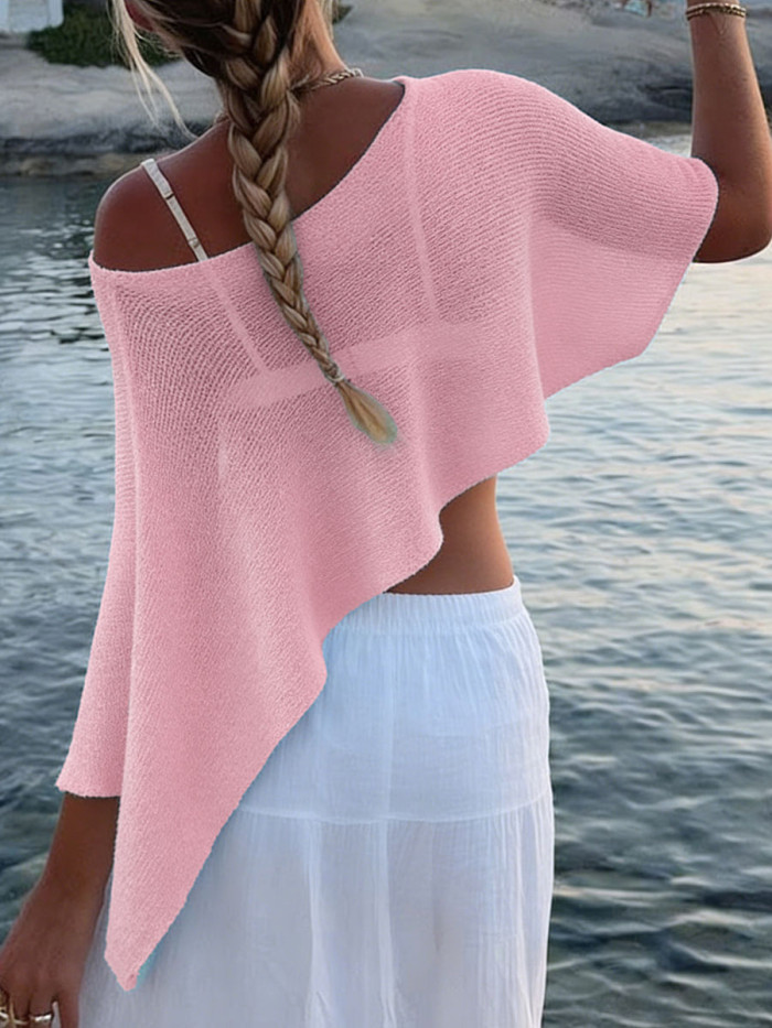 Solid Color See-Through Sleeveless Loose One-Shoulder Cape