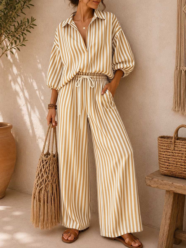 Loose Contrast Color Striped Long Sleeves Buttoned Lapel Blouses&shirts Tops + Drawstring Elasticity PocketsPants Trousers Two Pieces Set