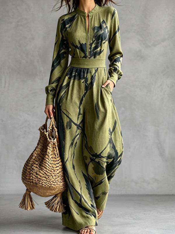 High Waisted Long Sleeves Contrast Color Pockets Printed Zipper Round-neck Jumpsuits