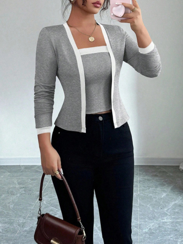 Split-Joint Solid Color Long Sleeves Collarless Two Pieces Set