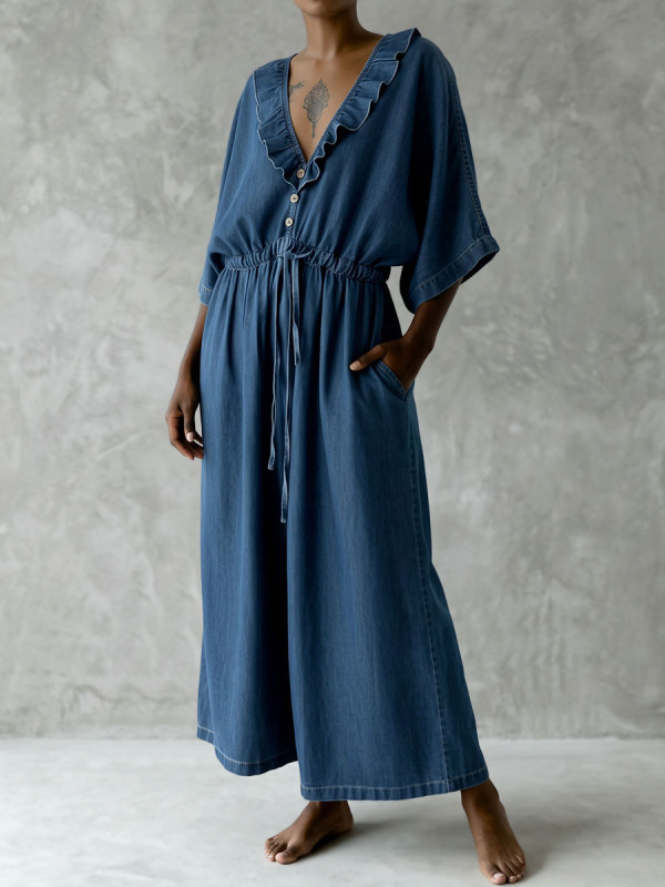 Half Sleeves Loose Buttoned Drawstring Elasticity Pockets Ruffle Trim Solid Color V-neck Jumpsuits