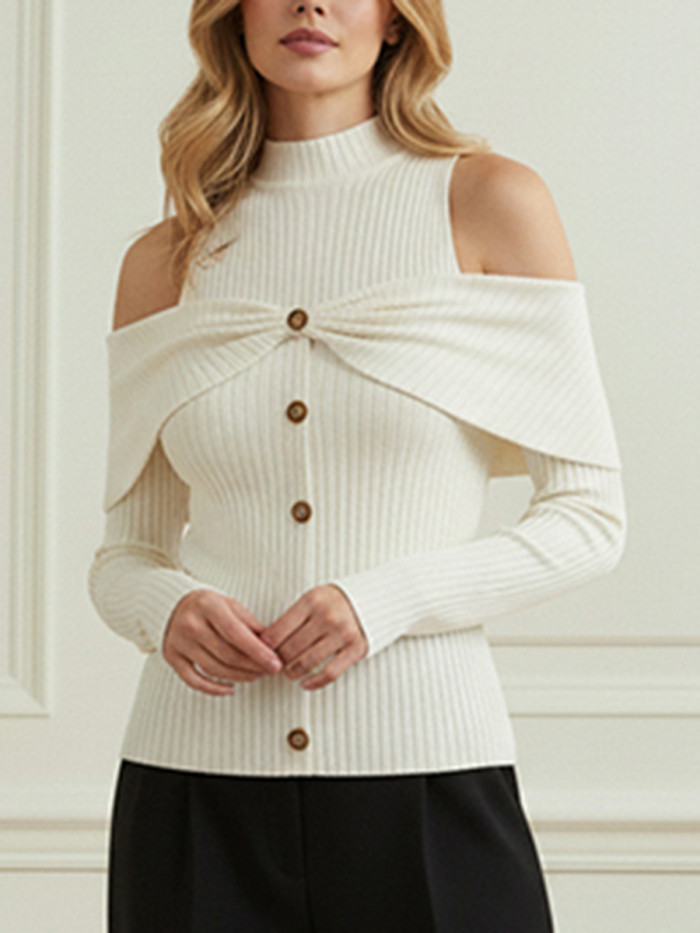 Long Sleeves Skinny Buttoned Pleated Ribbed Knit Cold Shoulder Knit Top