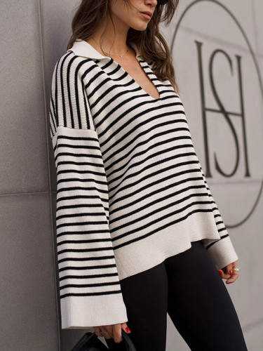 Striped Split-Joint Loose Long Sleeves V-neck Sweater Tops