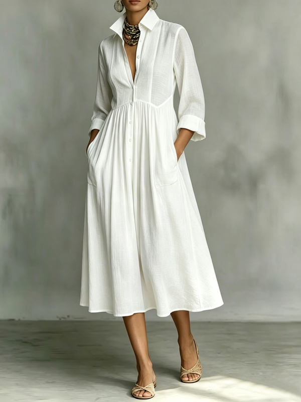A-line High Waisted Buttoned Pleated Pockets Solid Color Split-Joint Lapel Midi Dresses