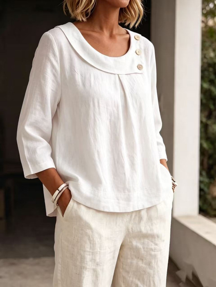 Long Sleeves Loose Asymmetric Buttoned Pleated Solid Color Split-Joint U-neck Blouses&shirts Tops