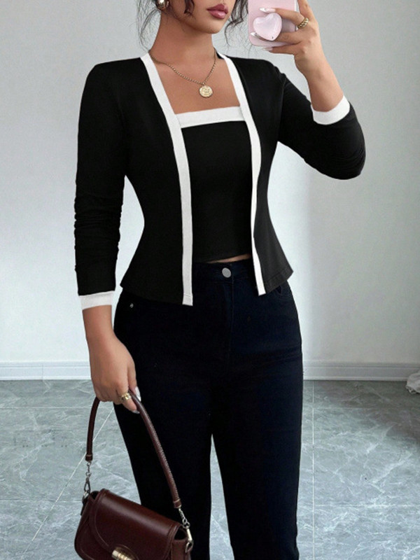 Split-Joint Solid Color Long Sleeves Collarless Two Pieces Set