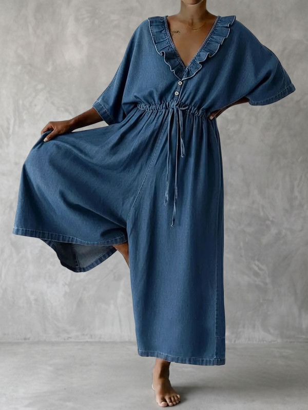 Half Sleeves Loose Buttoned Drawstring Elasticity Pockets Ruffle Trim Solid Color V-neck Jumpsuits